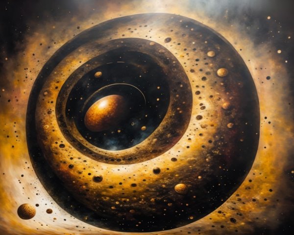 Abstract Cosmic Scene with Concentric Rings and Celestial Bodies