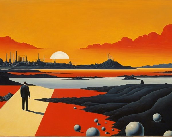 Surreal Landscape with Dramatic Sunset and Solitary Figure