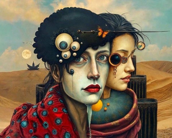 Intertwined Faces in Surreal Desert Artwork