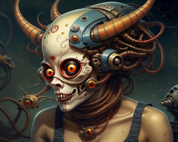 Surreal Cybernetic Figure with Skull Face and Horns