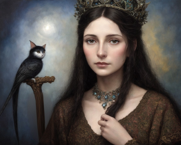 Regal young woman with crown and majestic cat