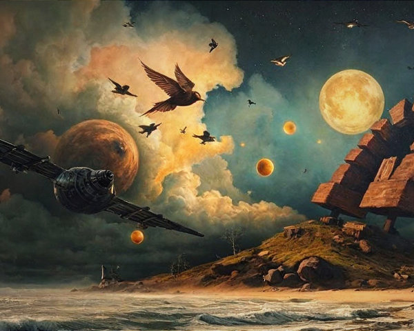 Surreal Coastal Landscape with Celestial Elements