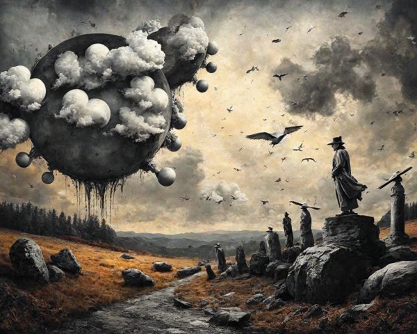 Surreal Landscape with Towering Stones and Celestial Body