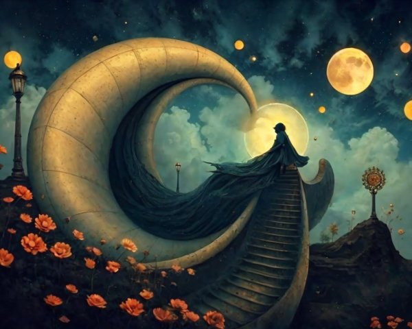 Surreal Scene with Staircase to a Luminous Moon