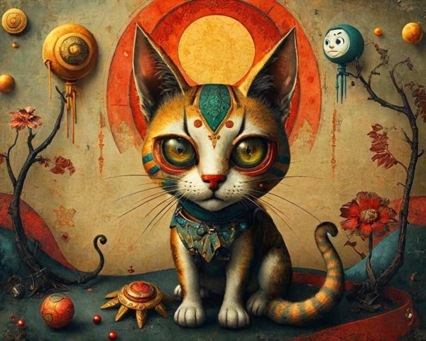 Mystical Cat in Vibrant Symbolic Landscape