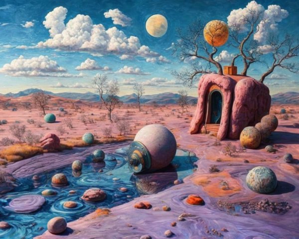 Surreal Landscape with Unique Rock Formations and Pond