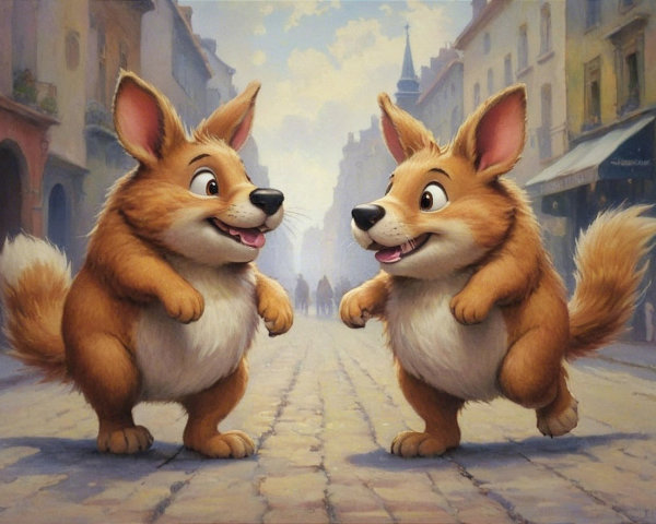 Cartoon Corgis Play in Quaint Cobblestone Street