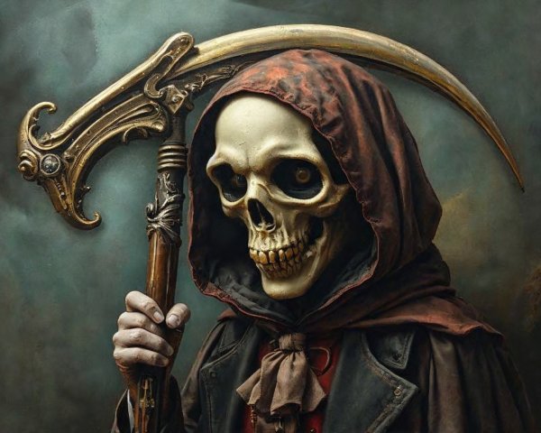 Skeletal Figure in Dark Cloak with Menacing Scythe