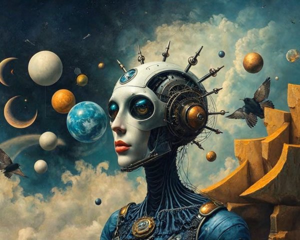 Futuristic humanoid figure in celestial landscape
