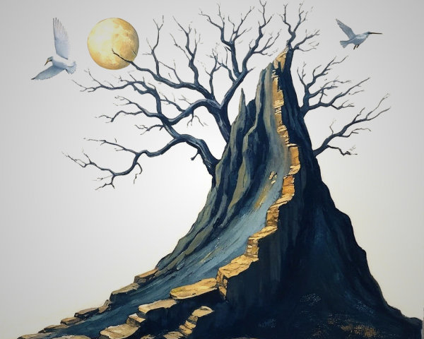 Dramatic Rock Formation with Moon and Birds in Sky
