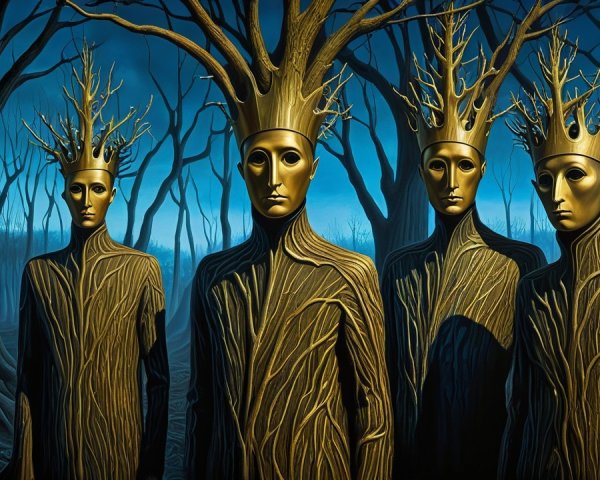 Surreal Figures in Dark Forest with Golden Crowns
