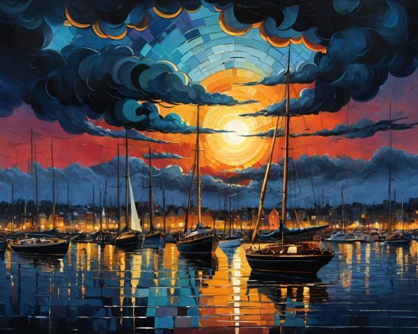 Vibrant Harbor Sunset with Sailboats and Warm Hues