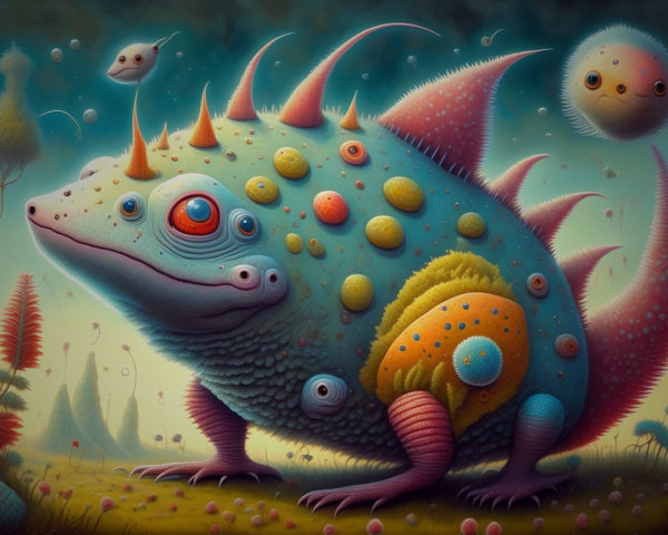 Colorful Lizard-Like Creature in Surreal Landscape