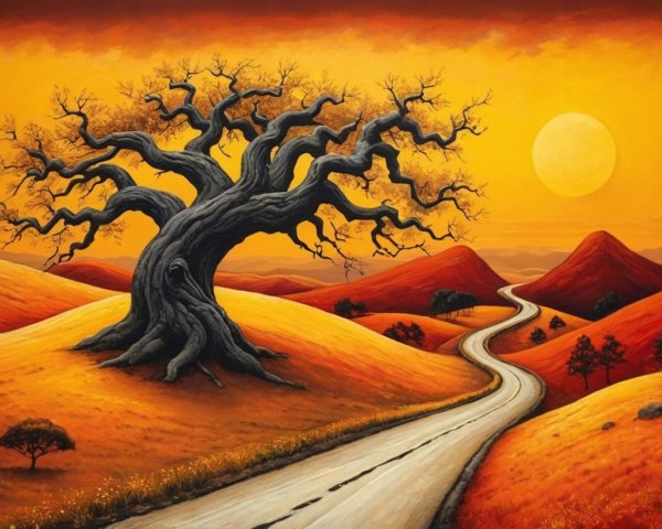 Twisted Tree Against Vibrant Sunset Landscape