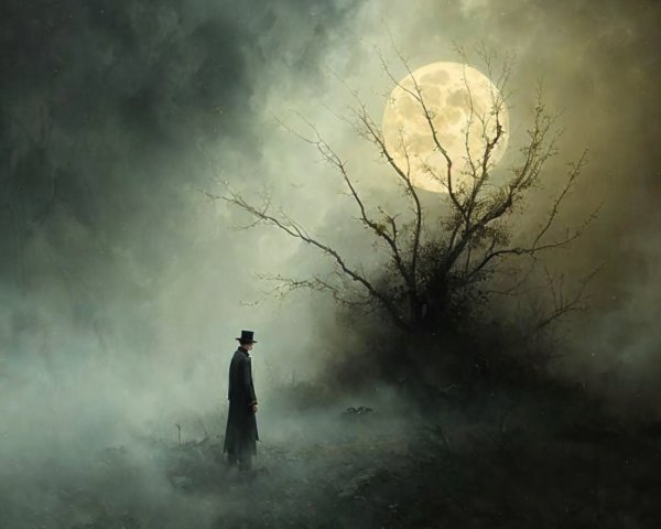 Mysterious Figure in Foggy Landscape Under Full Moon