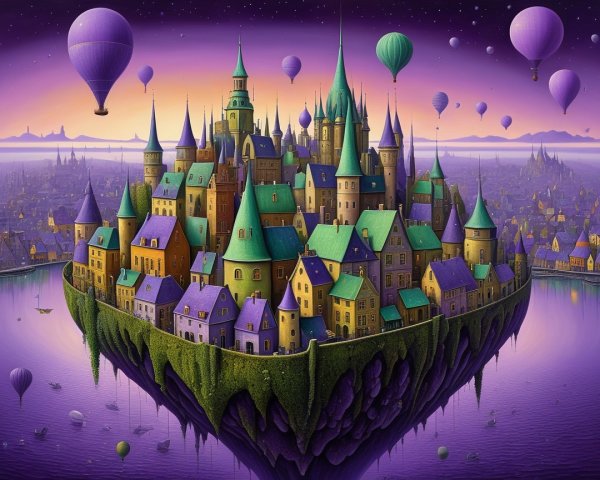 Whimsical Floating City with Colorful Buildings and Towers
