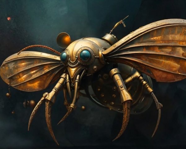 Steampunk Robotic Insect with Brass and Blue Accents