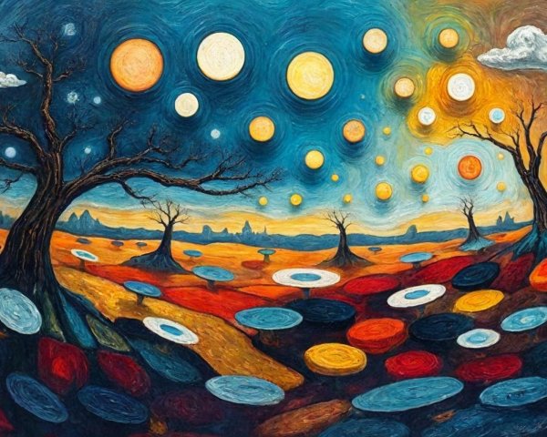 Vibrant Dreamlike Landscape with Surreal Elements