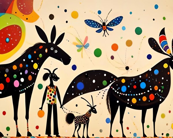 Whimsical Scene with Abstract Animals and Colorful Shapes