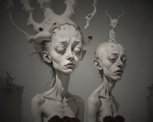Surreal Figures in Melancholy Landscape with Roses