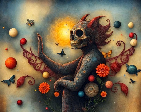 Stylized Skeleton with Sun and Vibrant Flowers