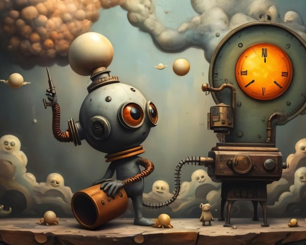 Whimsical Robot on Floating Platform with Clockwork Device