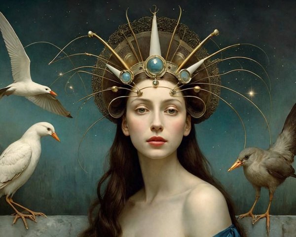 Majestic woman with crown and birds under starry sky