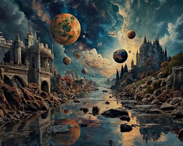 Tranquil River and Mystical Castle in Cosmic Landscape