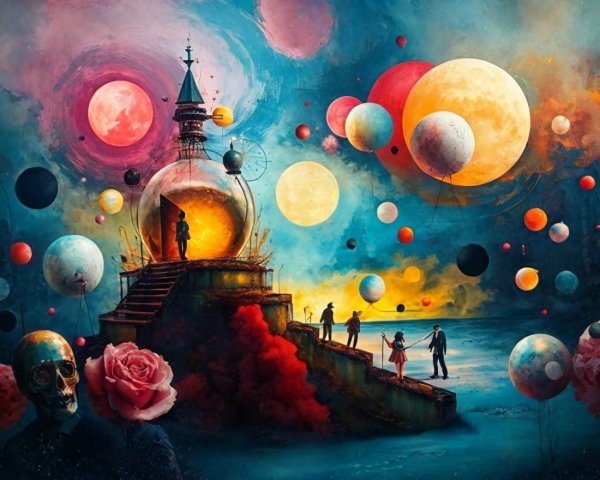 Surreal Celestial Landscape with Mystical Elements