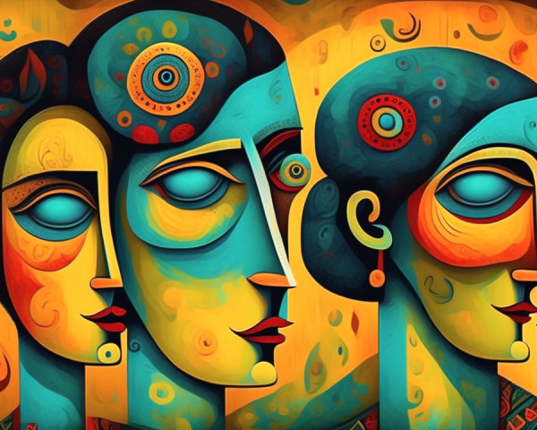 Vibrant Abstract Art of Three Faces with Patterns