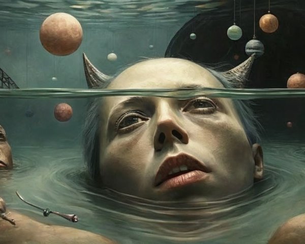 Surreal Scene of Submerged Figure and Faceless Individuals
