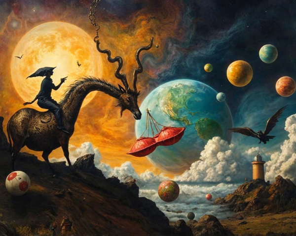 Majestic figure on horned horse in cosmic landscape