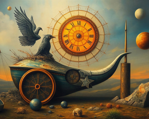Surreal Landscape with Ornate Hourglass and Crow