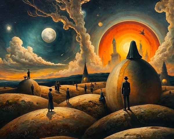 Surreal Landscape with Vibrant Colors and Enigmatic Figures