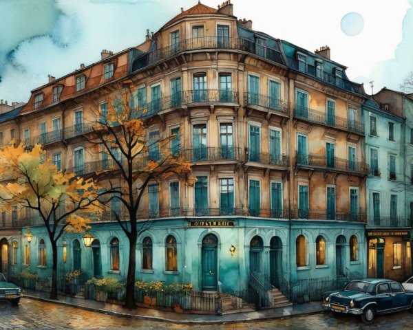 Vintage Parisian Street Scene in Watercolor Hues