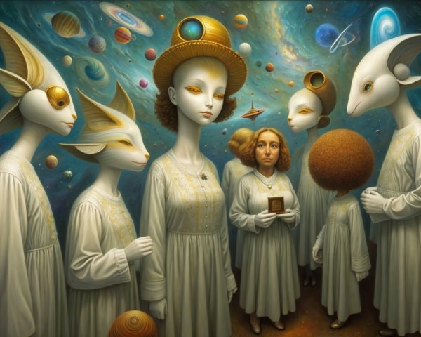 Surreal Cosmic Scene with Elongated Figures and Galaxies