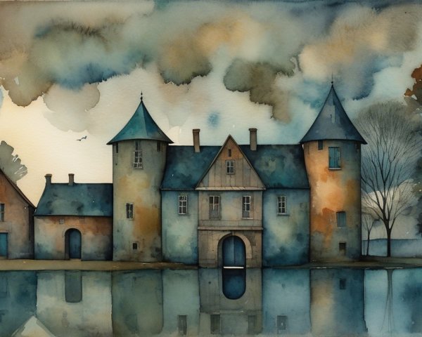 Watercolor Scene of Castle by Tranquil Lake