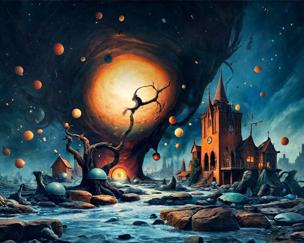 Surreal Landscape with Dark Sky and Glowing Orb