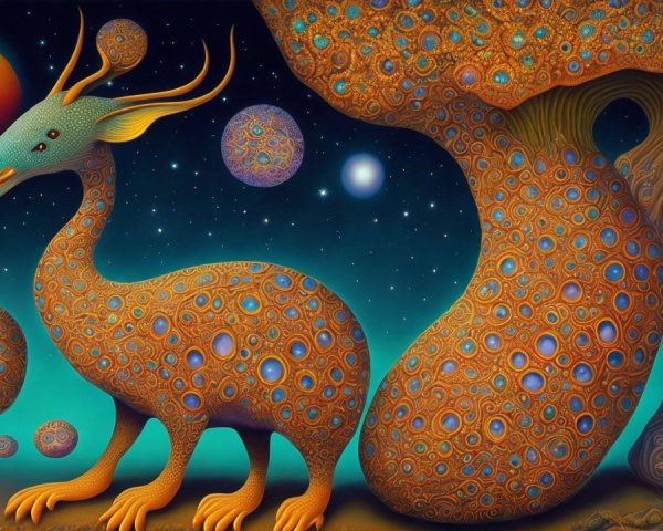 Surreal Landscape with Lizard Creature and Celestial Bodies