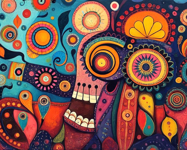 Vibrant Abstract Painting with Stylized Skull and Colors
