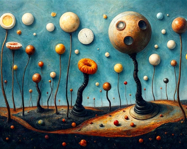 Surreal Landscape with Abstract Trees and Floating Clocks
