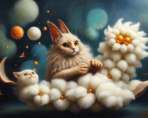 Fluffy Cats in Dreamlike Cloud with Colorful Orbs