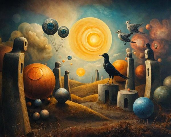 Surreal Landscape with Whimsical Sculptures and Orbs