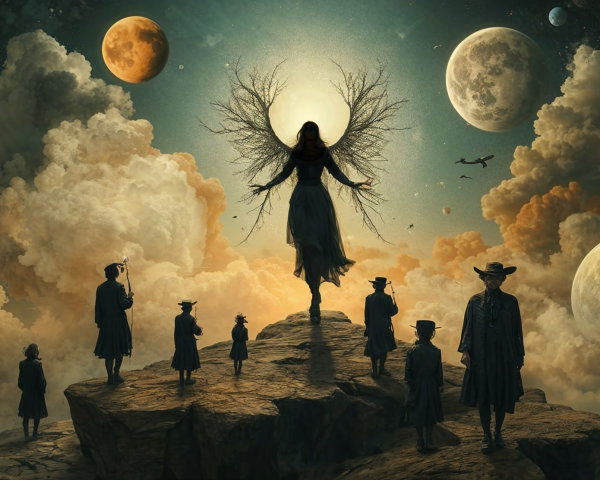 Surreal Landscape with Mystical Figure and Cosmic Elements