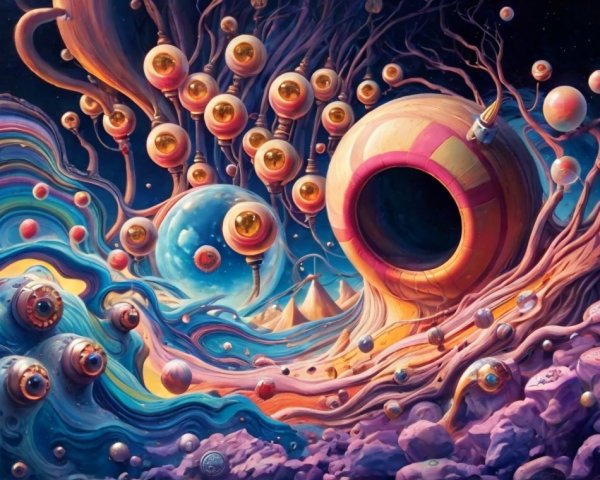Vibrant Cosmic Landscape with Colorful Orbs and Waves