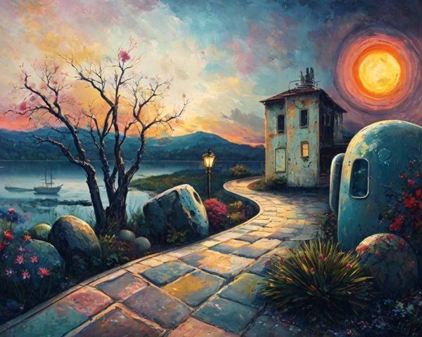 Serene Sunset Landscape with Winding Path and Lake