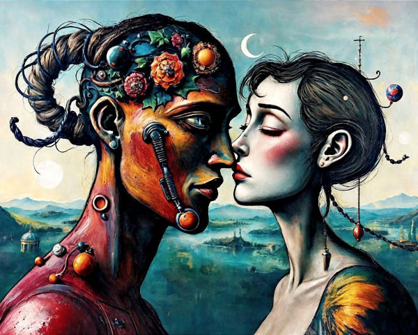 Surreal Painting of Two Figures in Dreamlike Landscape