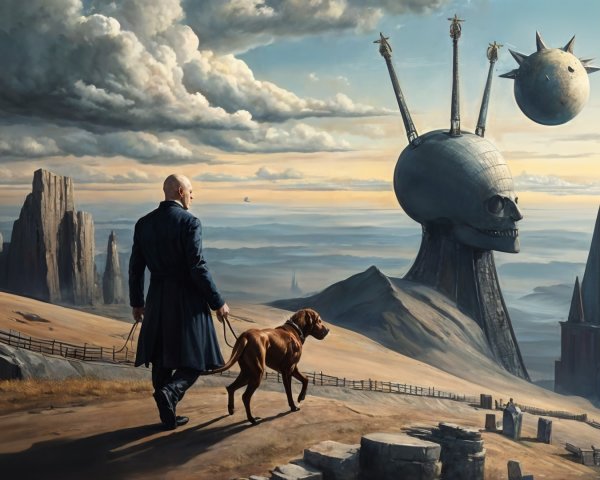 Surreal Landscape with Skull Sculpture and Dog Walker