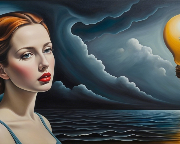 Contemplative Woman by Turbulent Sea and Light Bulb