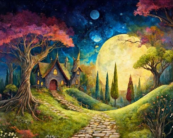 Whimsical Cottage in Vibrant Pink-Foliaged Landscape